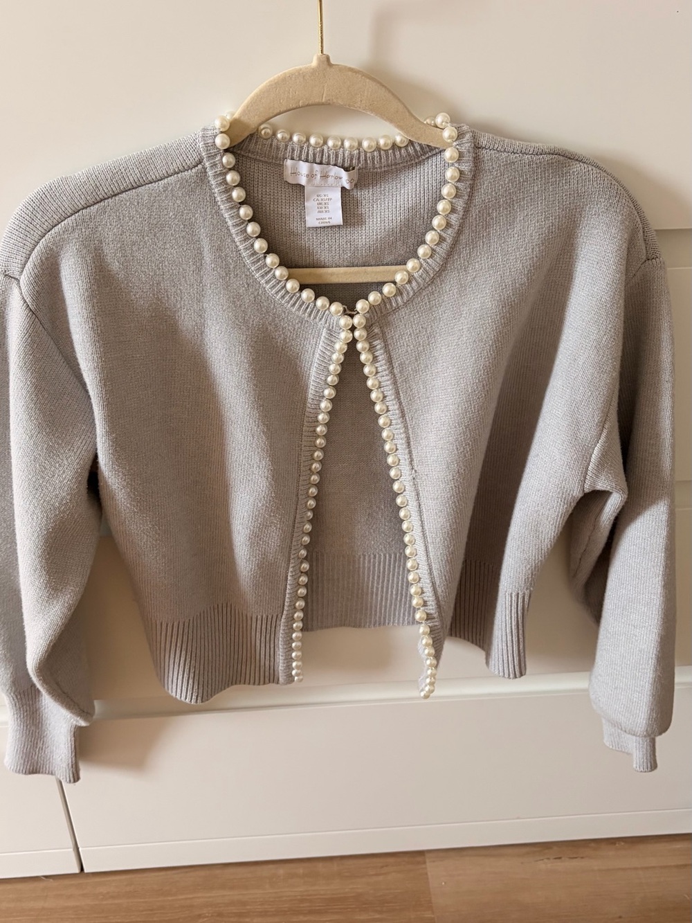 Pearl-Trim Light Gray Women's Cardigan Sweater